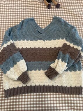 Listicle Striped V-Neck Sweater in Blue, Cream & Brown
